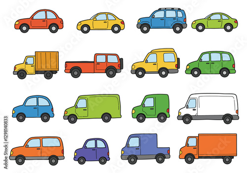 Clip art cars and trucks. This image shows a variety of colorful cartoon vehicles including cars, trucks, SUVs, and vans. Vector illustration design. photo