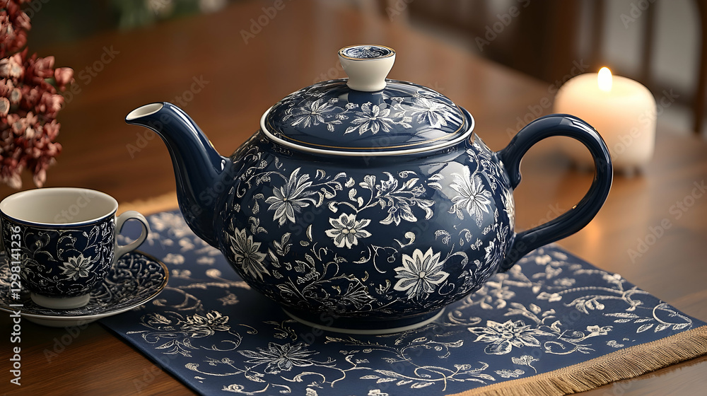 Blue floral teapot on table setting, candlelight Blue floral teapot on table setting, candlelight