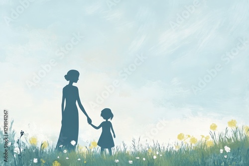 Adult and Child Silhouette in Nature Landscape