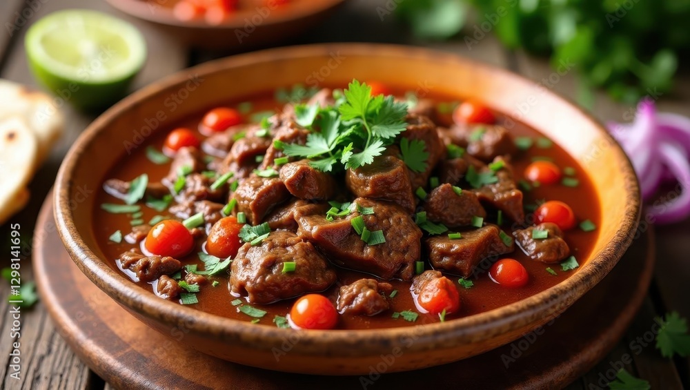 Beef Birria. Bowl is full of stew and vegetables with bread Beef Birria. Bowl is full of stew and vegetables with bread