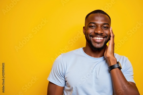 Cheerful Young African American Man Smiling Brightly Against a Vibrant Yellow Background, Showcasing His Joyful Personality and Positive Energy