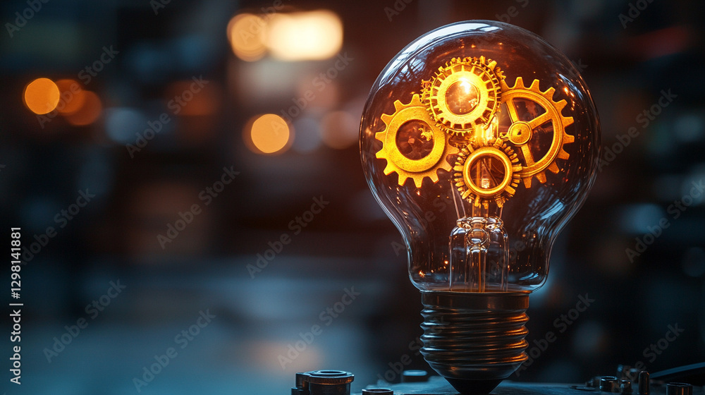 A glowing light bulb with golden gears inside symbolizes innovation and creative problem-solving, representing modern technological solutions and industrial design in a blank, minimalist setting A glowing light bulb with golden gears inside symbolizes innovation and creative problem-solving, representing modern technological solutions and industrial design in a blank, minimalist setting