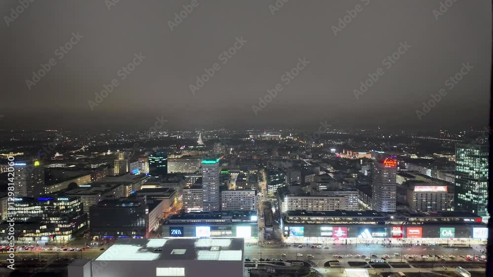 Warsaw downtown skyscraper aerial view video. Time lapse of warsaw downtown 4k video. Night aerial view polish tower. Warsaw downtown skyscraper aerial view video. Time lapse of warsaw downtown 4k video. Night aerial view polish tower.