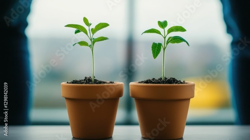 Nurturing Indoor Herbs A peaceful mindful activity of potting small herb seedlings in simple clay pots near a frosty window promoting sustainable eco conscious living and self care photo