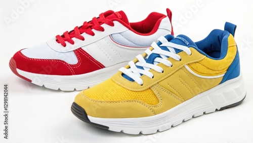 Two pairs of sneakers, red and yellow