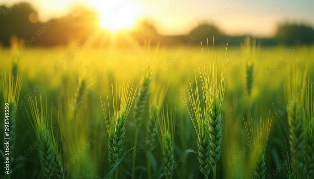 Sunlit green wheat field at dawn. Young wheat plants in agriculture landscape under soft morning sunlight. Cultivated crop field. Rural springtime nature with sun. Food production. Sunlit green wheat field at dawn. Young wheat plants in agriculture landscape under soft morning sunlight. Cultivated crop field. Rural springtime nature with sun. Food production.