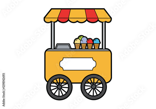 Ice cream cart clipart. The image shows a yellow ice cream cart with a striped canopy and five ice cream cones. Vector illustration design.