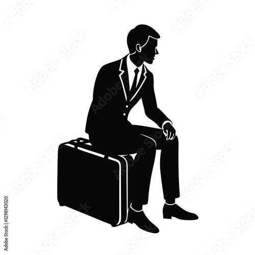 Focused businessperson silhouette calmly sitting on suitcase while patiently waiting