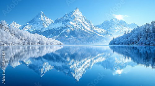 Wallpaper Mural Majestic snowy mountain range reflects on a serene winter lake, surrounded by frosted forests and snowy peaks. A tranquil, frozen lake surface captures the essence of a winter wonderland Torontodigital.ca