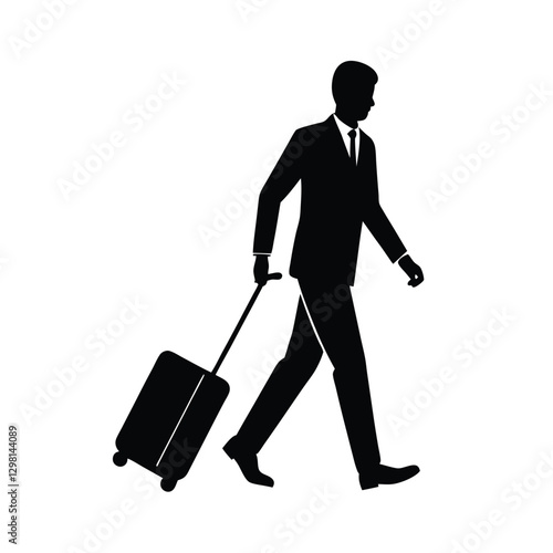 Businessperson silhouette briskly walking with rolling suitcase on move