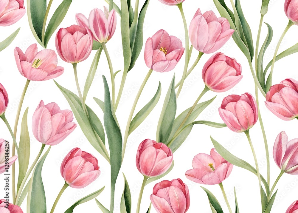 Pink tulips in a seamless pattern. Spring flowers in a complex pattern for textiles and packaging. Watercolor illustration is hand drawn and isolated from the background