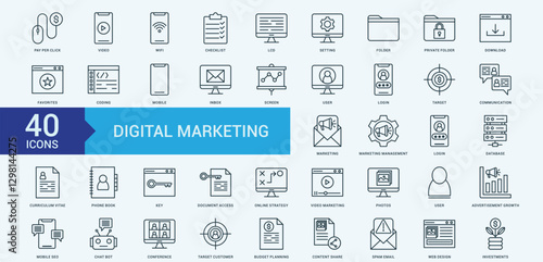 Digital marketing icon collection set with Pay Per Click, Video, WiFi, Checklist, LCD