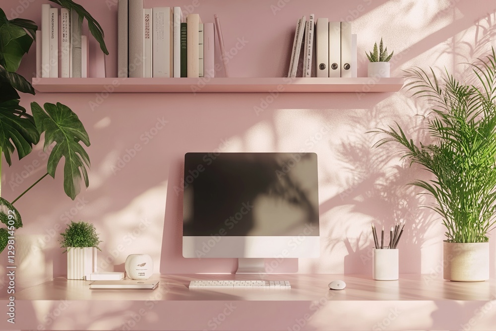 Modern Pink Home Office Workspace with Sunlight and Plants Modern Pink Home Office Workspace with Sunlight and Plants