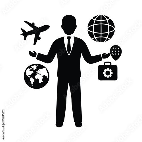 Corporate professional silhouette proudly holding a globe with travel passion