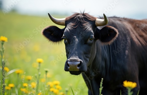 Close up of black cow with horns in rich green meadow with yellow flowers. Organic, regenerative agriculture, sustainable farm scenery. Blurred background, vibrant nature, pasture and grazing concept. photo