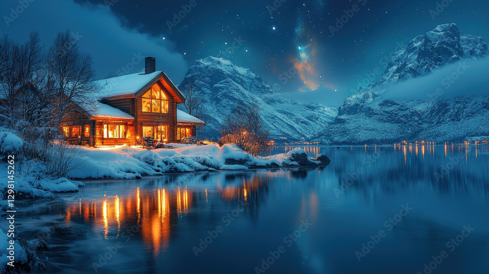 Fototapeta premium Winter's Embrace: A cozy, snow-covered cabin with a warm, inviting glow stands nestled beside a tranquil lake, against a backdrop of snow-capped mountains under a star-studded night sky.