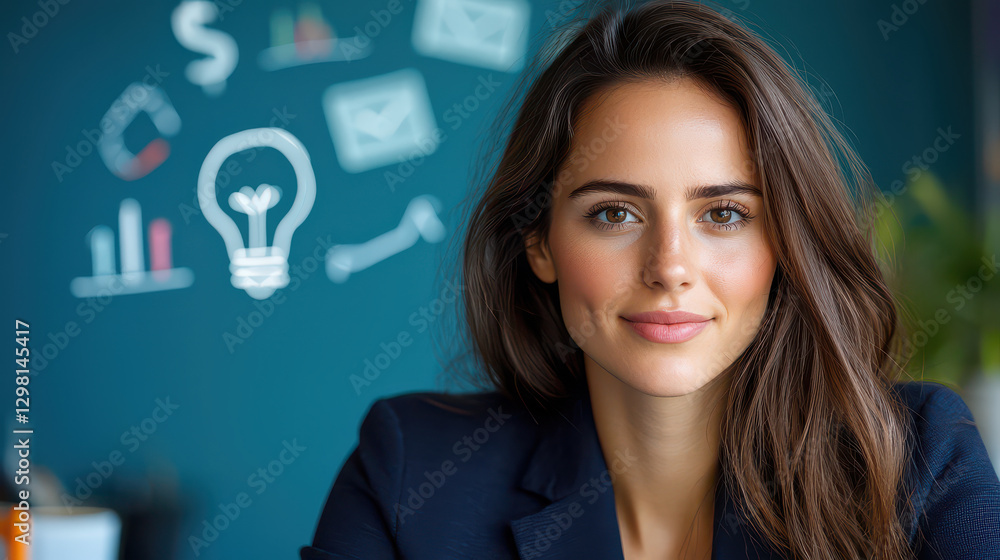 confident female entrepreneur in dark blue blazer smiles in office setting, with business icons in background confident female entrepreneur in dark blue blazer smiles in office setting, with business icons in background