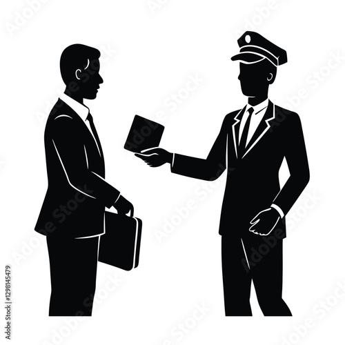 Skilled corporate professional silhouette smoothly handing over valid passport to diligent customs officials