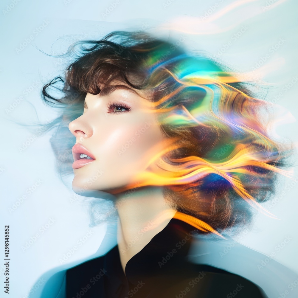 Fototapeta premium Futuristic artistic portrait of a young woman with dynamic flowing hair illuminated by vibrant neon light effects in a modern digital artwork