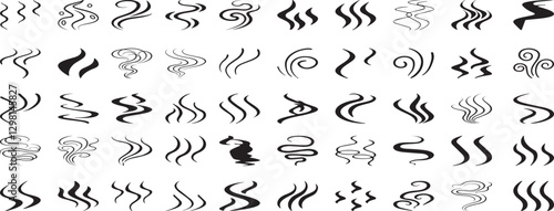 Smoke steam icon vector logo set. Smoke smell, steam aroma heat icon illustration. Hot vapor fire doodle line logo. Hit stink, coffee, fragrance flame elements.