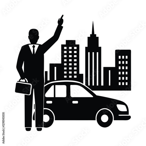 Corporate traveler silhouette confidently hailing a taxi in busy business district
