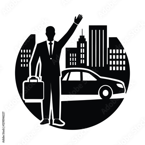 Energetic corporate traveler silhouette urgently hailing a taxi in a bustling business district