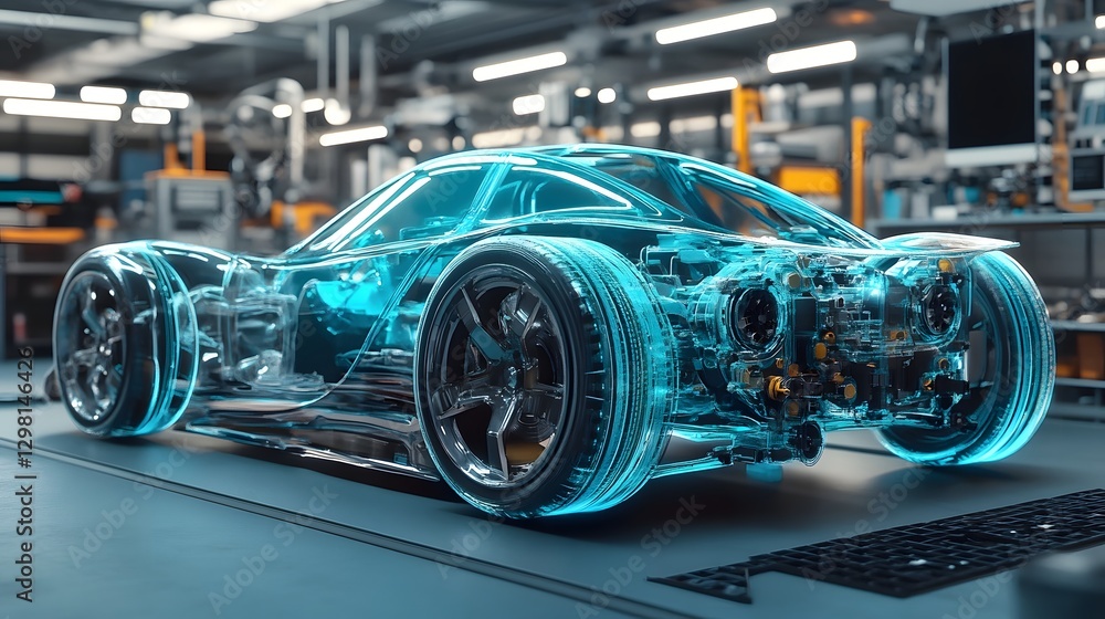 Transparent Car Chassis Rendered in High Tech Workshop with Details Transparent Car Chassis Rendered in High Tech Workshop with Details