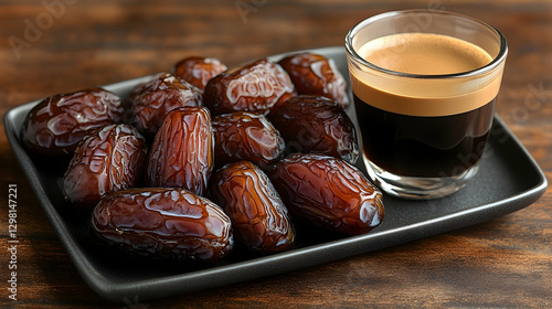 Espresso and dates on dark wood table photo