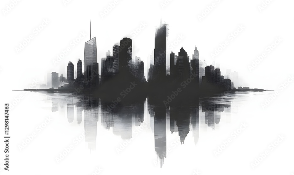 Fototapeta premium Futuristic Monochrome City Skyline with Minimalist Reflection in Water
