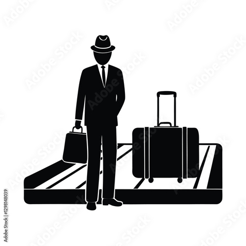 Executive silhouette patiently waiting at baggage claim in a busy terminal