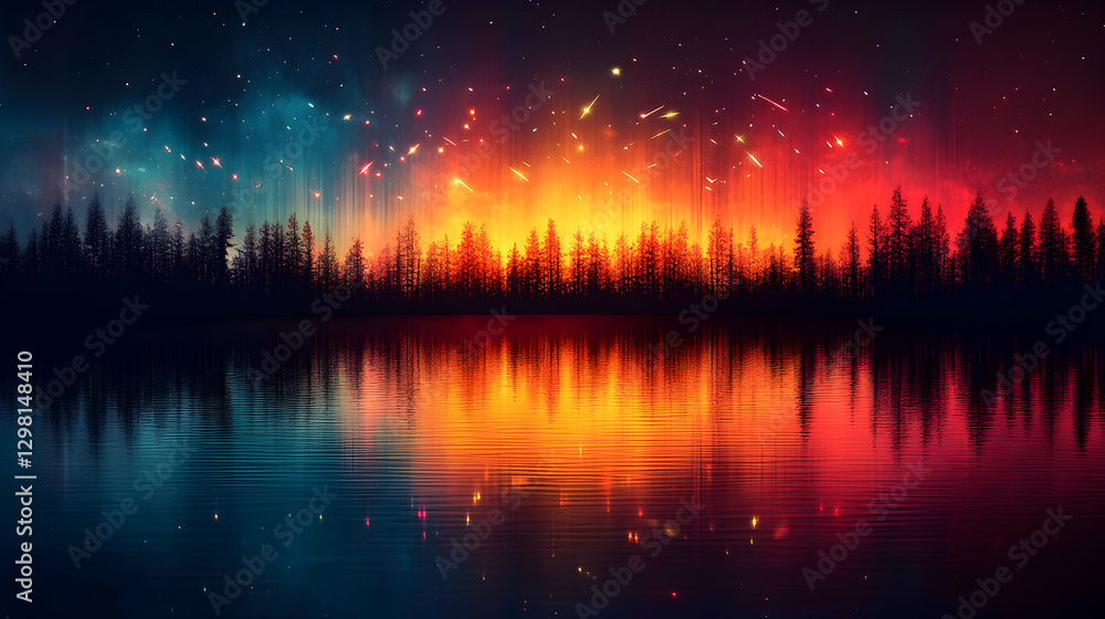 Naklejka premium Fiery Night Sky Reflecting on a Still Lake