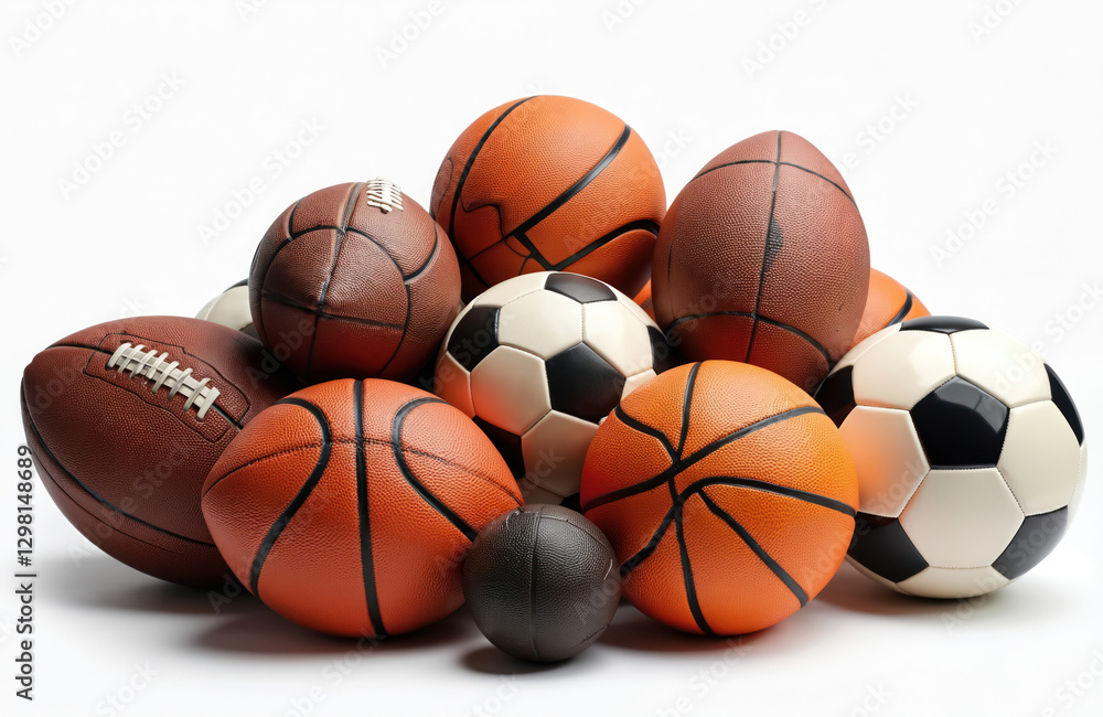 Pile of sport balls isolated on white backdrop. Includes soccer balls, basketballs, footballs. Concept for sport equipment store, sport club, school team. Active lifestyle concept, sport games, Pile of sport balls isolated on white backdrop. Includes soccer balls, basketballs, footballs. Concept for sport equipment store, sport club, school team. Active lifestyle concept, sport games,