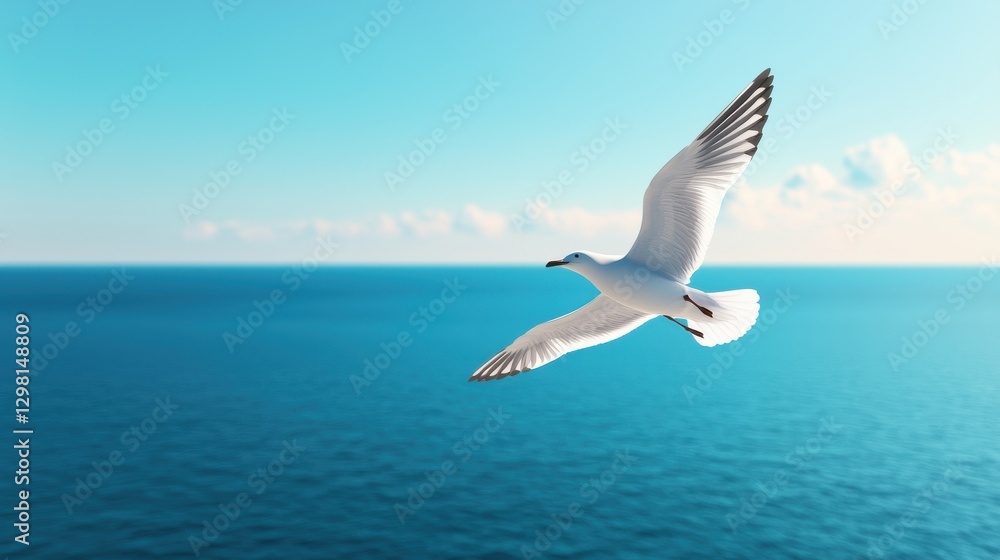 Fototapeta premium A seagull gracefully soars above the serene blue ocean under a bright sky, capturing freedom and nature's beauty.