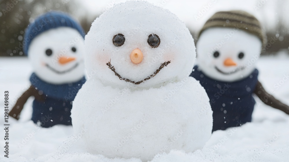 Three snowmen winter scene, snowy park background, winter fun Three snowmen winter scene, snowy park background, winter fun