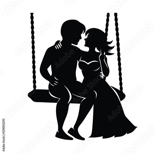 Silhouette of a loving couple cuddling on a swing romantic scene