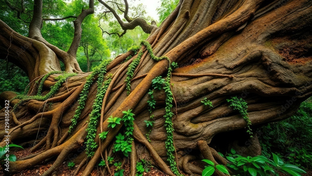 A massive tree lies on its side, roots exposed, vines wrapped around trunk, foliage, nature, jungle A massive tree lies on its side, roots exposed, vines wrapped around trunk, foliage, nature, jungle