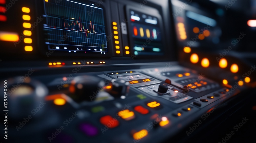 Futuristic Control Panel: High-Tech Interface with Glowing Buttons and Data Displays Futuristic Control Panel: High-Tech Interface with Glowing Buttons and Data Displays