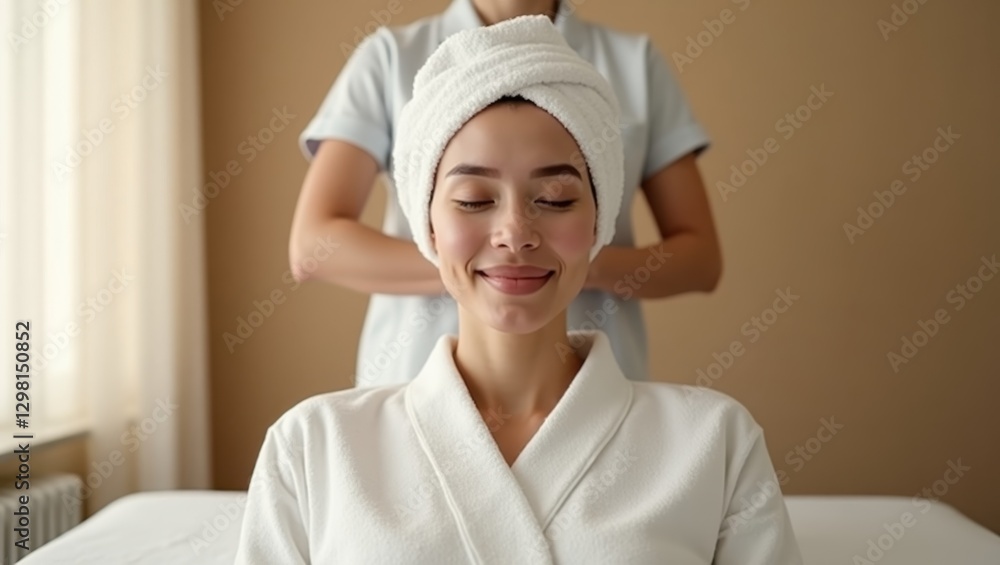 Head Spa. Woman is getting facial massage in room Head Spa. Woman is getting facial massage in room
