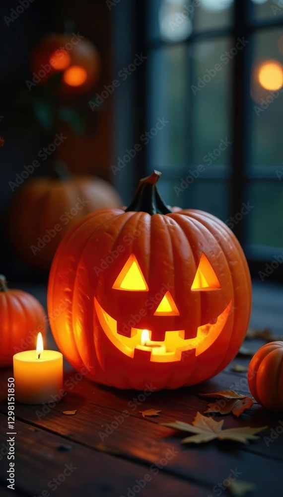 Carved pumpkin lantern with soft candlelight glow, candle, decoration, evening Carved pumpkin lantern with soft candlelight glow, candle, decoration, evening
