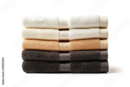 Towels neatly stacked displaying various neutral colors in a minimalist home setting