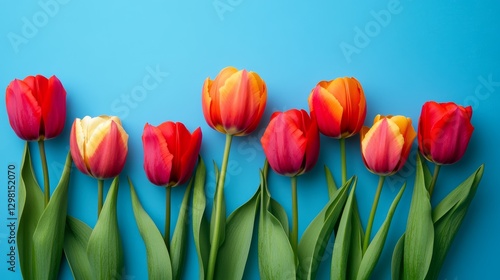 Vibrant red and orange tulips on bright blue background