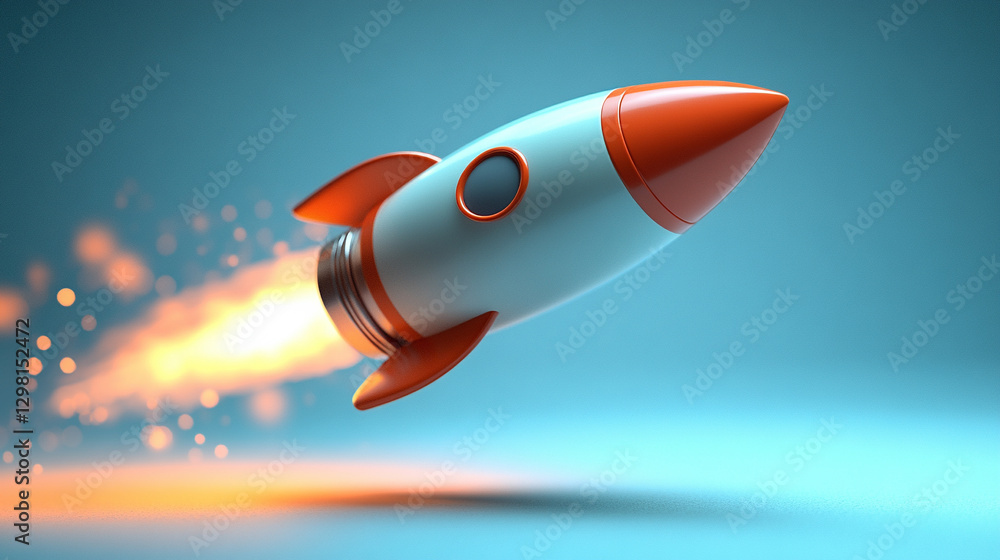 A minimalistic cute rocket launches upwards against a white background, symbolizing hope, ambition, and new beginnings, with a bright light tone and a blurred empty space that enhances the sense of po A minimalistic cute rocket launches upwards against a white background, symbolizing hope, ambition, and new beginnings, with a bright light tone and a blurred empty space that enhances the sense of po