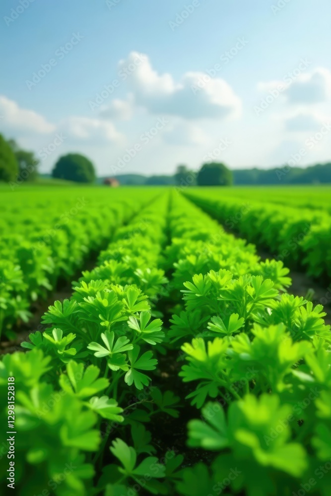 Dense row of coriander leaves on a farm field, greenery, landscape Dense row of coriander leaves on a farm field, greenery, landscape