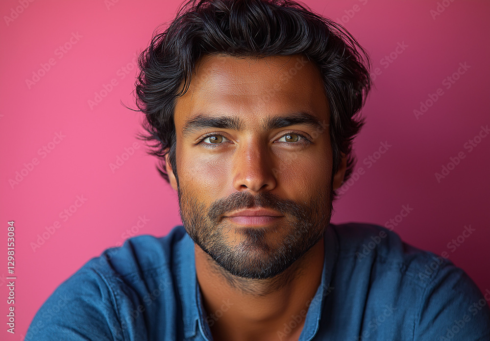 Obraz premium Ultra-Realistic Portrait of a Handsome Man in Blue Shirt – Studio Photography with Pink Background, High Detail, Professional Lighting, Perfect for Branding and Marketing Designs