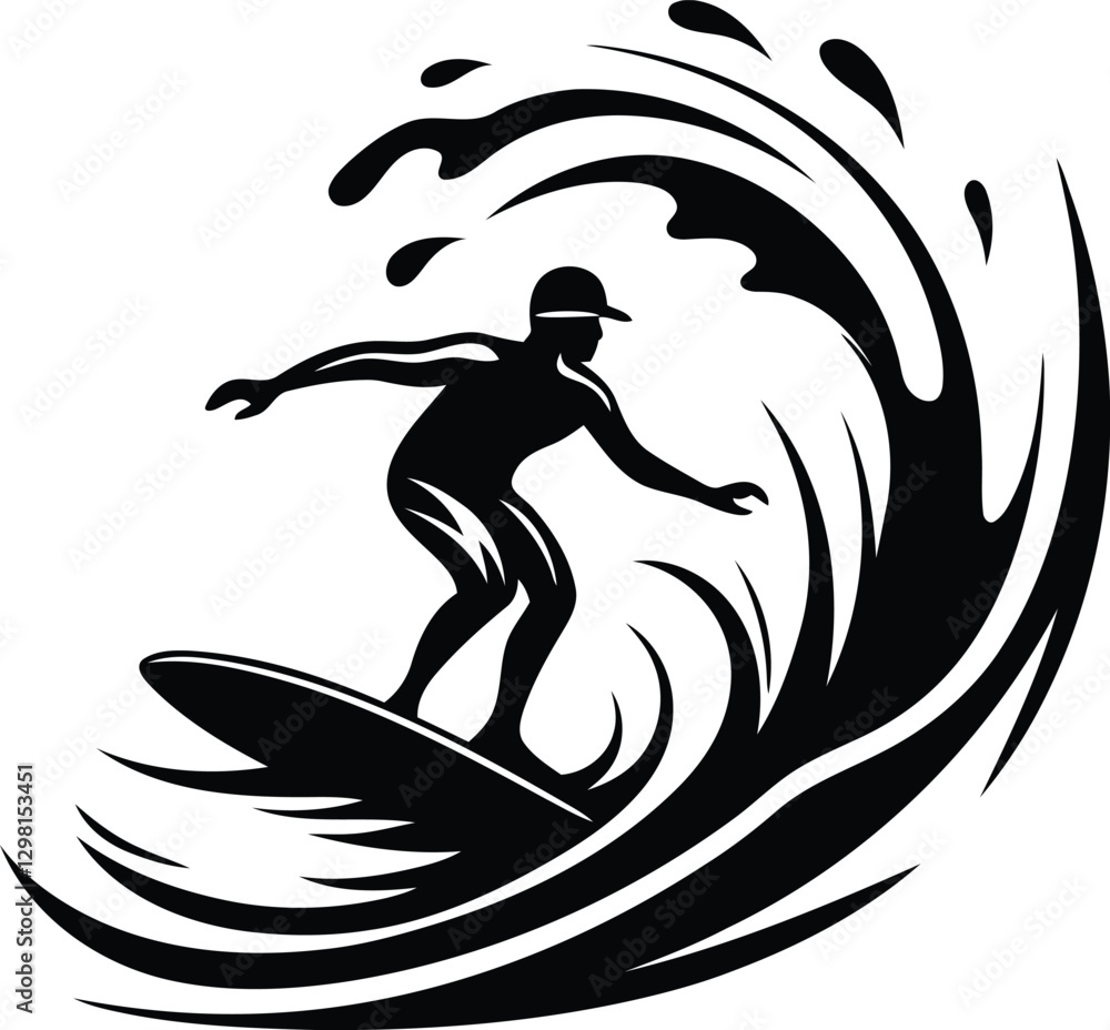 Person surfer riding a wave isolated vector art, Person surfer riding a wave silhouette and line art vector illustration Person surfer riding a wave isolated vector art, Person surfer riding a wave silhouette and line art vector illustration