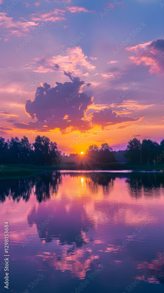 Fototapeta premium Serene Sunset Over a Tranquil Lake with Silhouetted Trees and Reflected Sky Colors