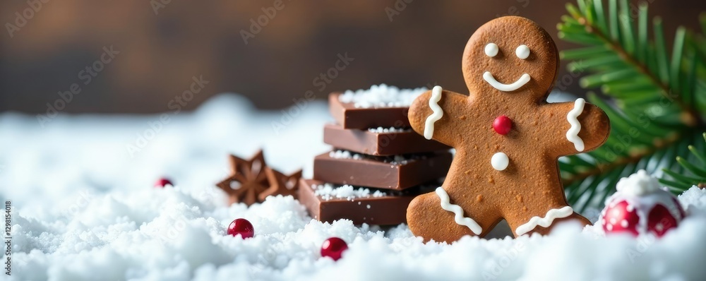 Fototapeta premium Gingerbread and chocolate pieces on a snowy background, chocolate, winter