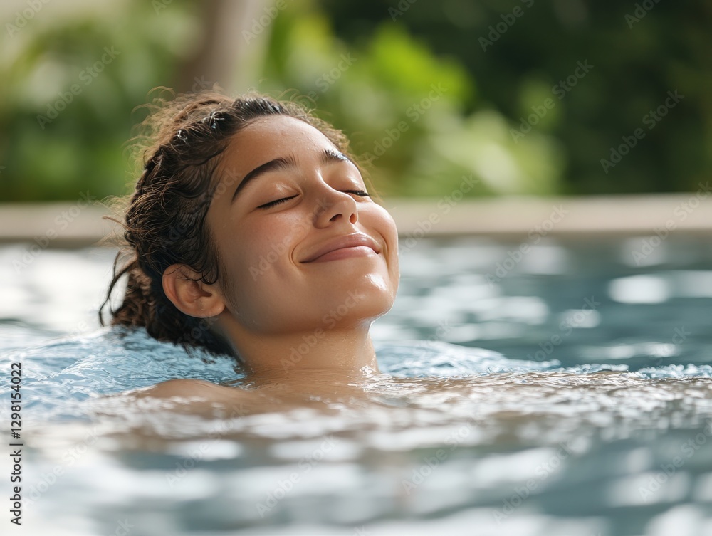 Obraz premium Smiling woman relaxing in a swimming pool with bright sunlight and sparkling water symbolizing leisure vacation wellness and summer joy in lifestyle imagery