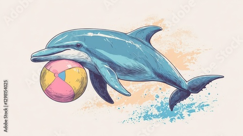 A vividly detailed dolphin leaps above a multicolored beach ball, showcasing lifelike realism and vibrant hues of pink, yellow, and blue photo