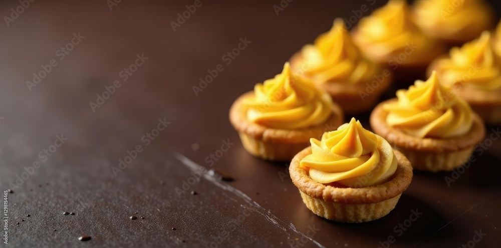 Miniature pastry tartlets with golden brown buttercream on a dark chocolate diagonal background, miniaturized_pastries, buttercream Miniature pastry tartlets with golden brown buttercream on a dark chocolate diagonal background, miniaturized_pastries, buttercream